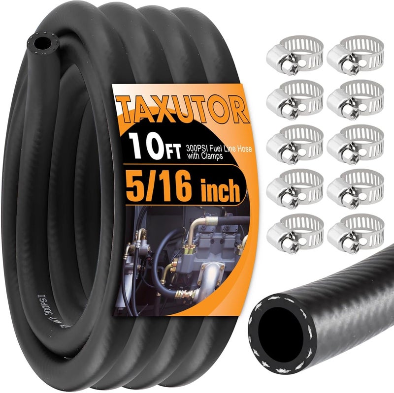 Taxutor 5/16" ID 8mm Fuel Line Hose 10FT - SAE 30R7 300PSI Replacement Kit for Automotive, Marine, Small Engine - Gas, Oil, Diesel Hose with 10 Clamps - Image 1